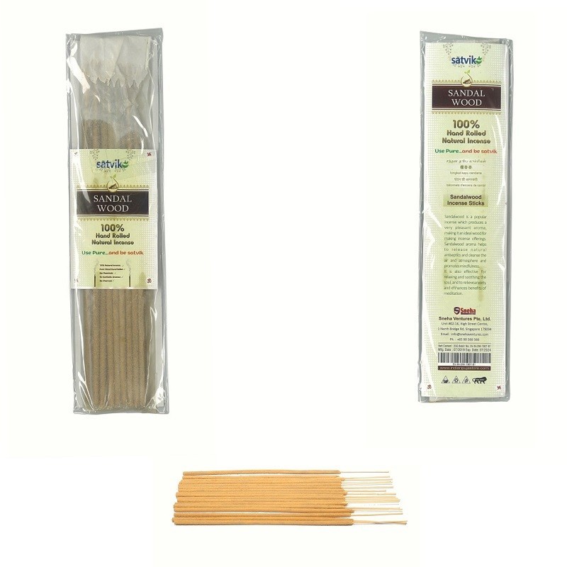 Satvik Sandalwood (Chandan) Incense Sticks (Agarbatti for Prayer) Pack of 10 (25g each), 100% Hand rolled Natural Incense