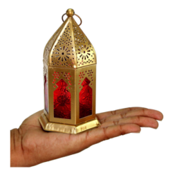 Golden Moroccan-Style Decorative Lantern with Red Glass – Diwali