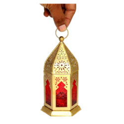 Golden Moroccan-Style Decorative Lantern with Red Glass – Diwali