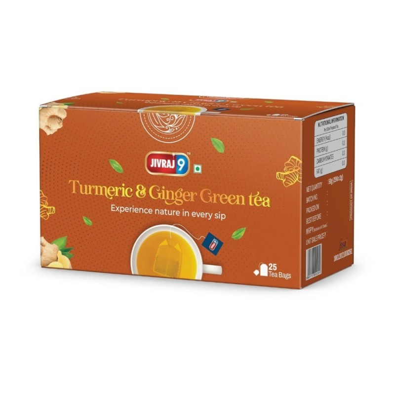 Jivraj9 Turmeric & Ginger Green Tea 25 Biodegradable Tea Bags Healing