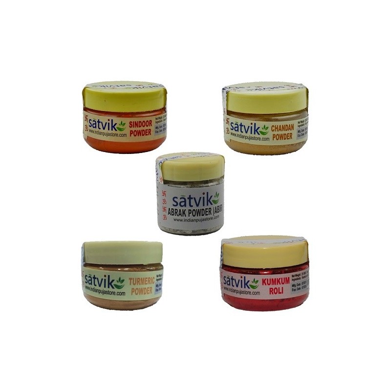 Satvik Set of 5 Different Puja Powders,25g each- Haldi Chandan, Kumkum Roli, Sindoor, Abrak (50gm), For Prayer