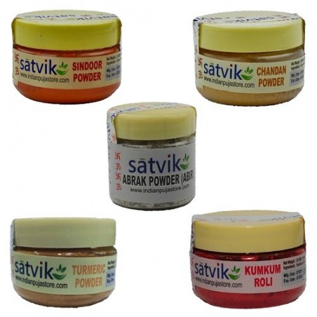 Satvik Set of 5 Different Puja Powders,25g each- Haldi Chandan, Kumkum Roli, Sindoor, Abrak (50gm), For Prayer