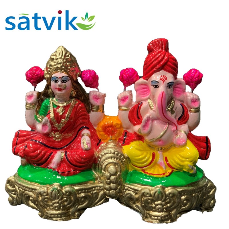 Pair of Goddess Lakshmi and Lord Ganesh Murti (Seated Together) for Diwali Pooja, Colourful Terracotta Clay Idol, 5 inches